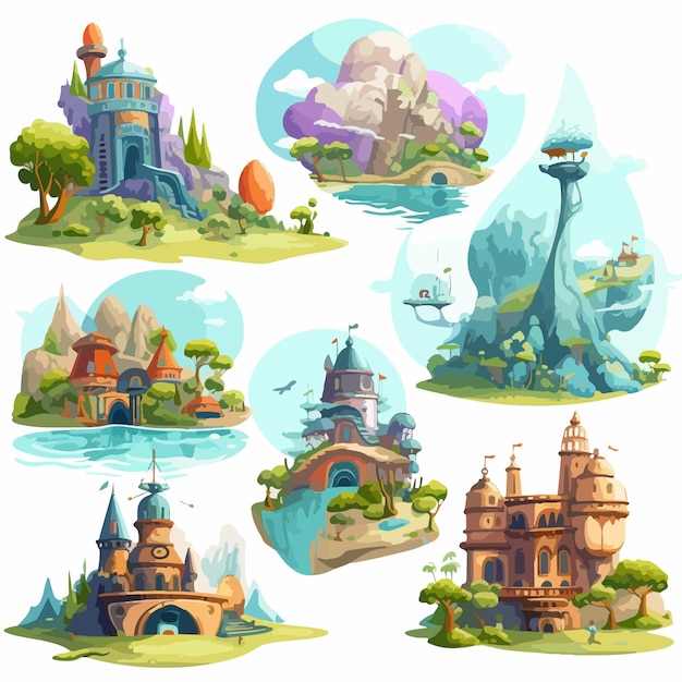 Vector six different fantasy world scenes for creative projects