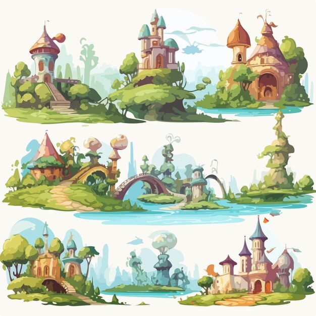 Vector six different fantasy world scenes with magic and wonder