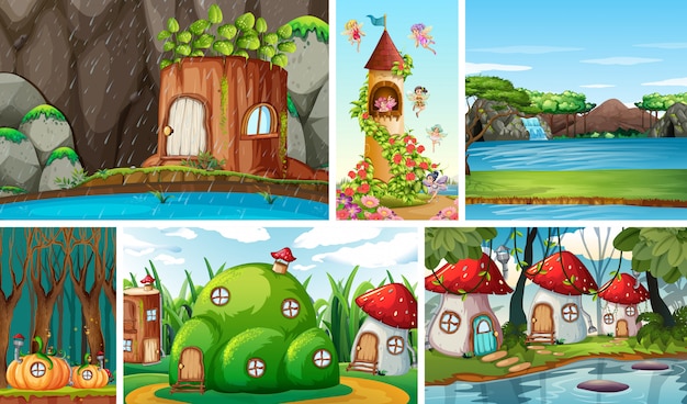 Six different scene of fantasy world with beautiful fairies in the fairy tale and castle with fairies