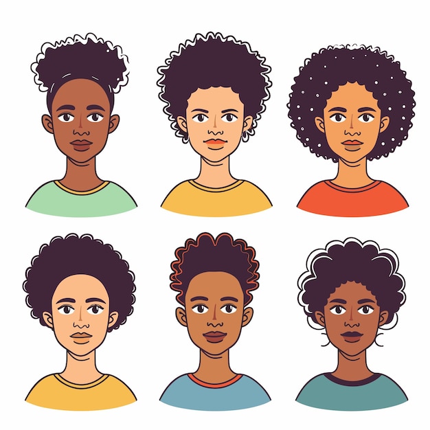 Six diverse African American female character faces sport different hairstyles expressions Vector