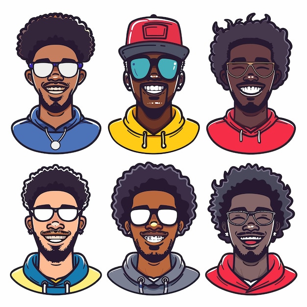 Six diverse african american male avatars wearing different outfits accessories portraits