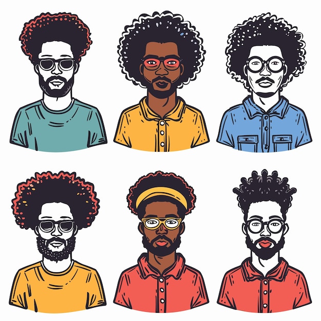 Six diverse African American men portraits distinct hairstyles facial hair wearing glasses