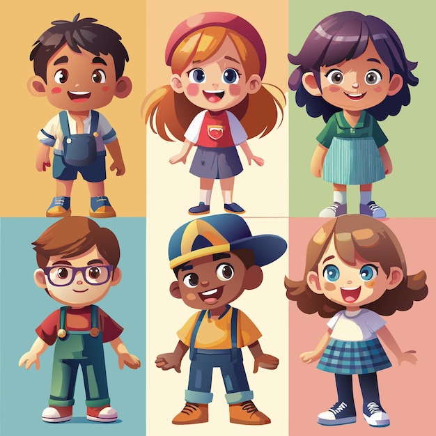 Vector six diverse cartoon children boys and girls smiling and dressed in colorful clothes