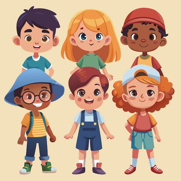 Vector six diverse cartoon children smiling wearing casual clothes standing together