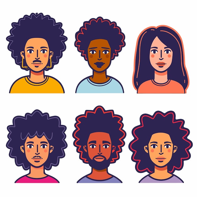 Six diverse cartoon faces expressing subtle different emotions Top row middle African woman