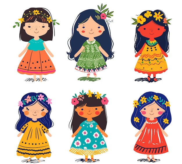 Six diverse cartoon girls wearing colorful dresses floral headbands girl character smiling