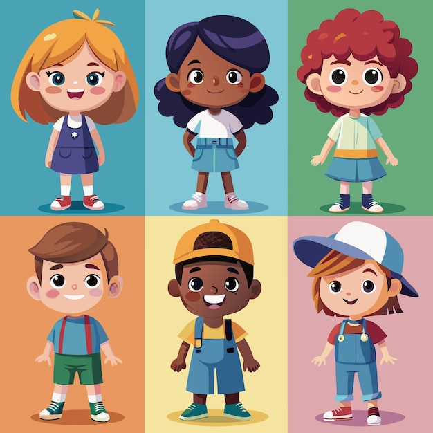 Six diverse cartoon kids in different colorful clothes