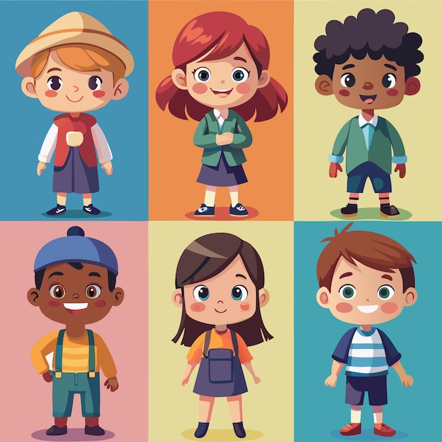 Six diverse cartoon kids standing on a colorful background