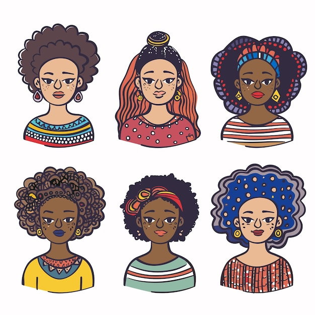 Six diverse cartoon women unique hairstyles colorful outfits african female portraits