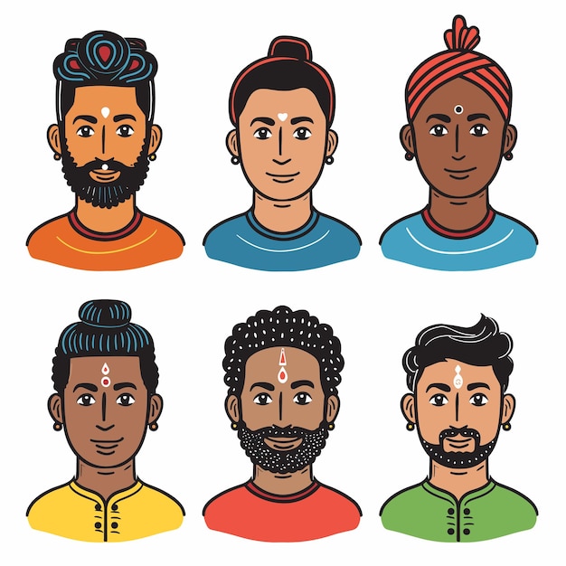 Six diverse indian men portraits man wears traditional headgear bindi mark forehead ethnic