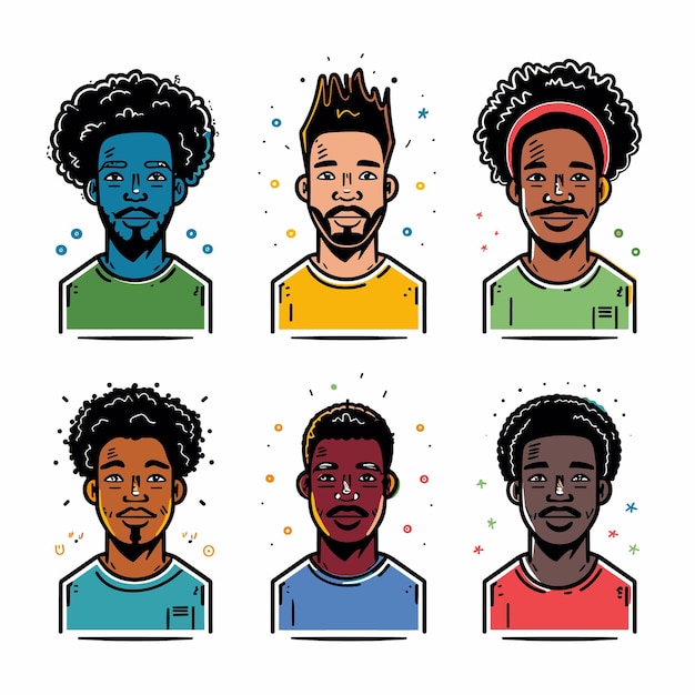 Six diverse male portraits cartoon illustration smiling faces various hairstyles man presented