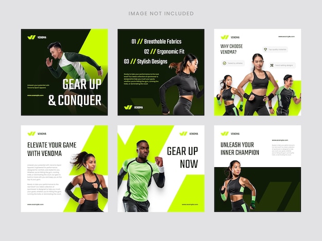 Vector six dynamic sportthemed social media post templates featuring athletic wear and fitness motivation