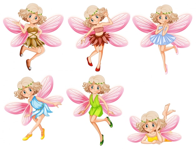 Six fairies with pink wings illustration