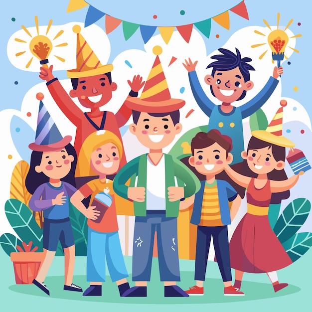 Six happy friends smiling and wearing party hats standing together in a festive outdoor setting with colorful decorations