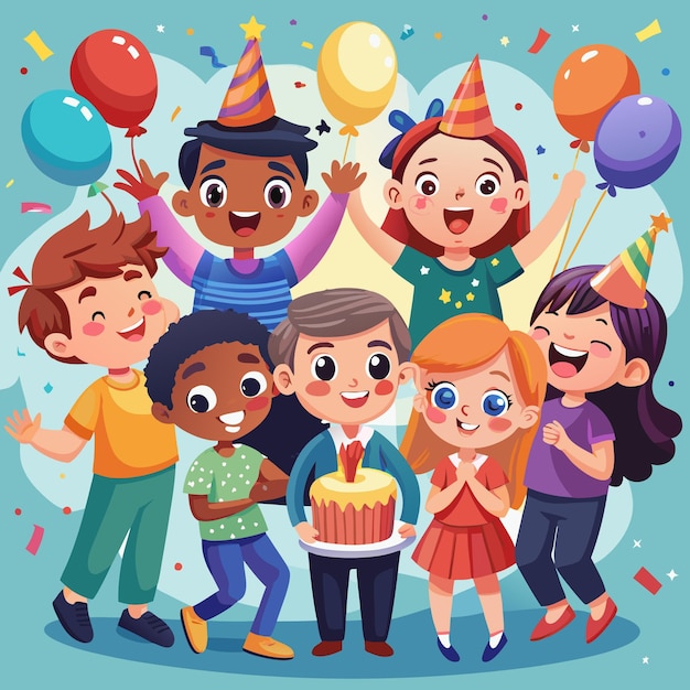 Six happy kids in party hats celebrate with cake and balloons