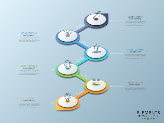 Six isometric circular white elements with linear icons connected by gradient colored vertical zigzag line. Concept of 6 steps of project development. Infographic design template. Vector illustration.