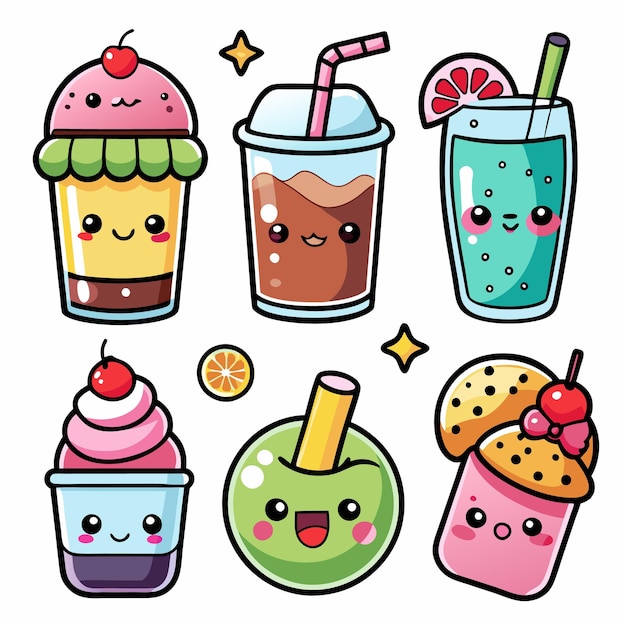 Vector six kawaii cartoon drinks and desserts with happy faces