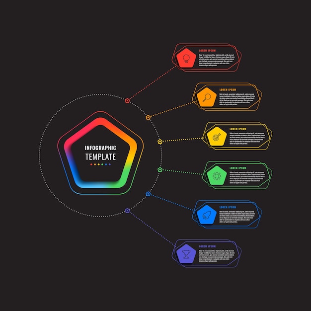 Six options infographic template with pentagons and polygonal elements on a black background