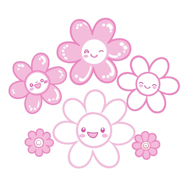 Vector six pink flowers with happy faces