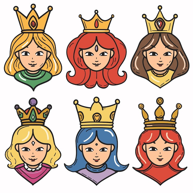 Six princesses cartoon characters wearing crowns diverse hairstyles outfits Cheerful young