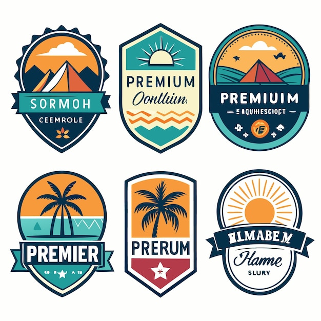 Six retro summer and travel logo badges with sun palm trees mountains and sea emblems