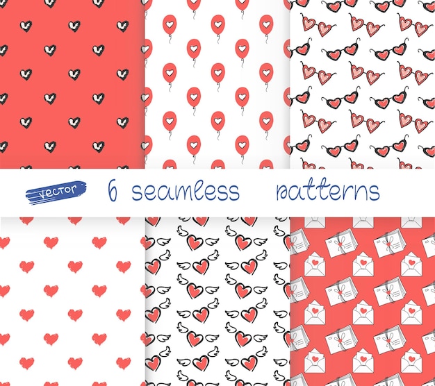 Six seamless patterns Romantic pink background for Valentines Day or wedding