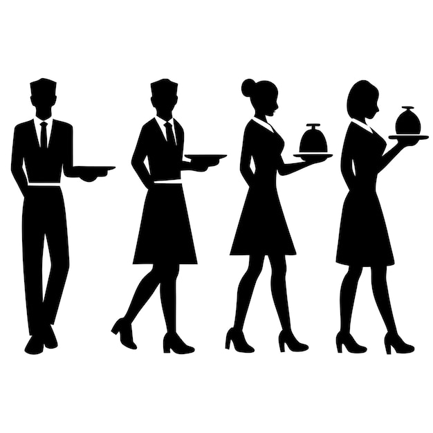 Six Silhouettes of Waiters and Waitresses Ready to Serve