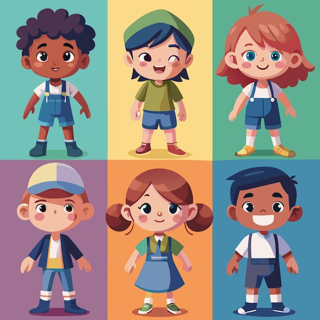 Vector six smiling cartoon children with various hairstyles clothing and skin tones