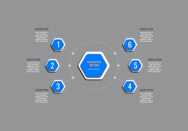 Six steps infographic diagram template with blue hexagonal elements. Business visualization