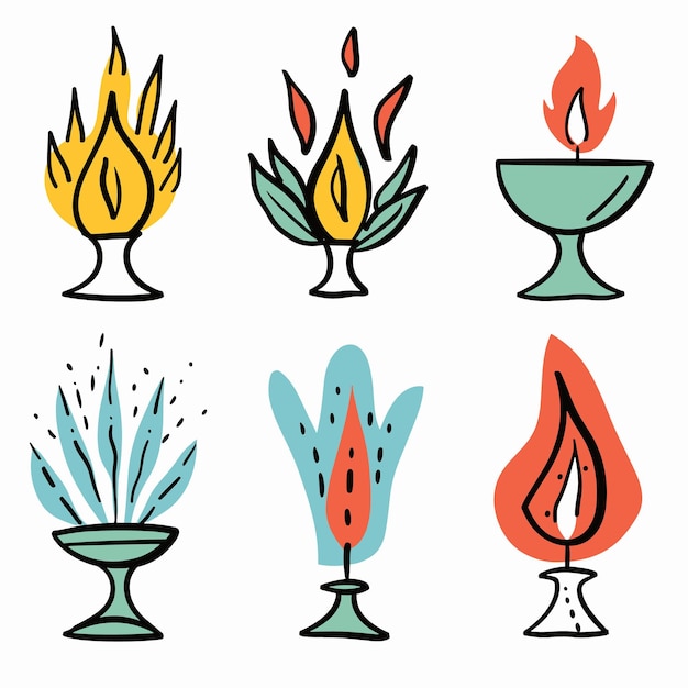 Six stylized icons representing different types flames splashes cups goblets Creative fire water