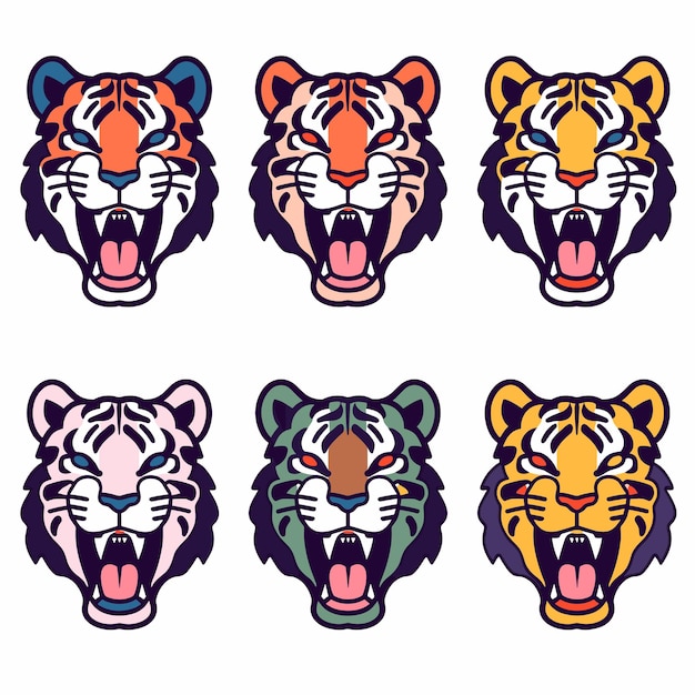 Six tiger heads illustrated vibrant colors displaying different stripe patterns expressions