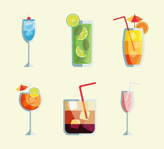 Six tropical cocktails cups drinks