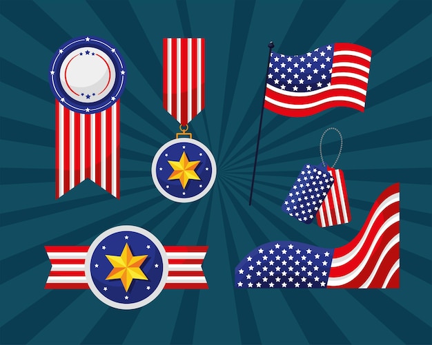 Six usa flags emblems icons