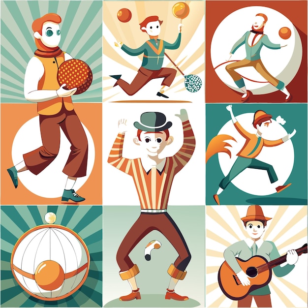 Vector six vintage illustrations of circus performers including jugglers a clown a musician and a tightrope walker