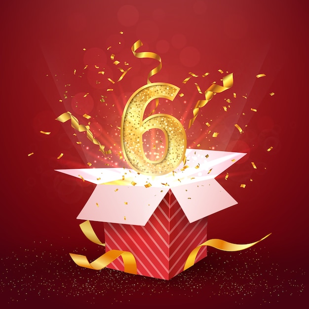 Six year number anniversary and open gift box with explosions confetti isolated design element