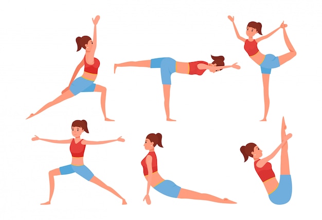 Six yoga poses set. Smiling girl character doing exercises.