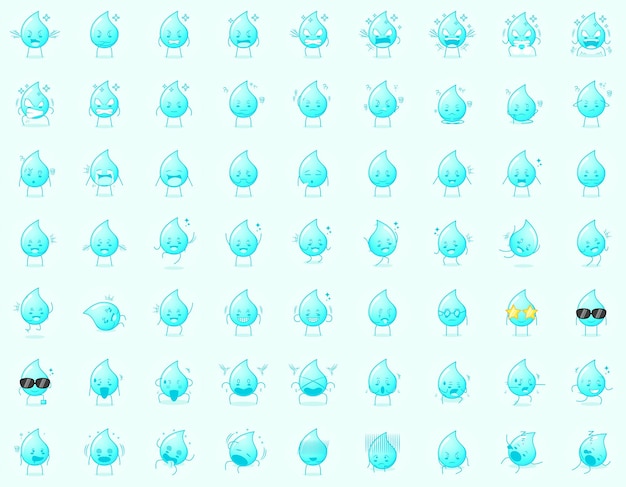 sixty three sets of cute water cartoon character expressions. used for emoticon, sticker and mascot