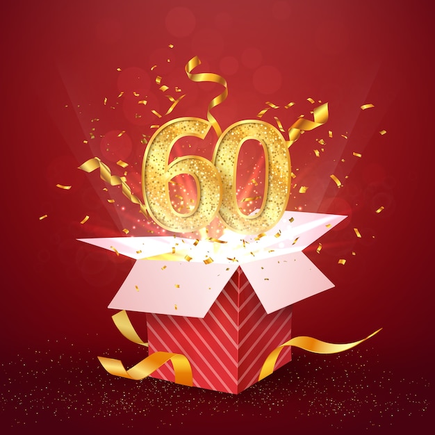 Sixty years number anniversary and open gift box with explosions confetti isolated design element