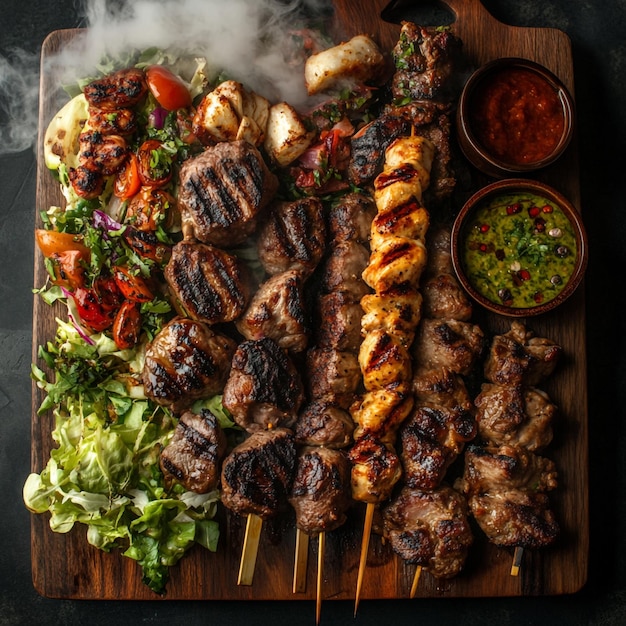 Sizzling Grilled Feast A Smoky Symphony of Meats Vibrant Vegetables and Tantalizing Sauces