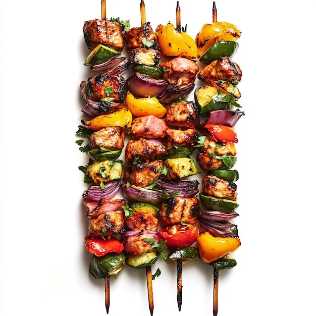 Sizzling Skewers A Colorful Medley of Grilled Meats and Vibrant Vegetables on Wooden Sticks