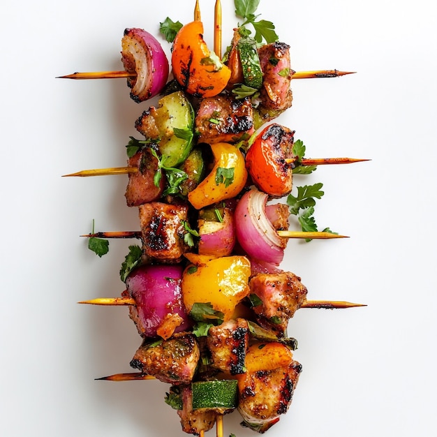 Vector sizzling skewers a colorful medley of grilled meats and vibrant vegetables on wooden sticks