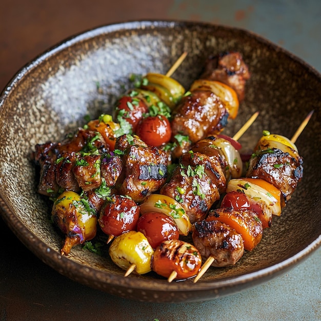 Vector sizzling skewers a symphony of grilled meat and vibrant vegetables in a rustic earthenware bowl