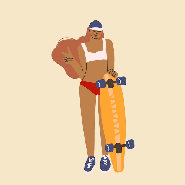 Skateboard girl in baseball cap with own longboard