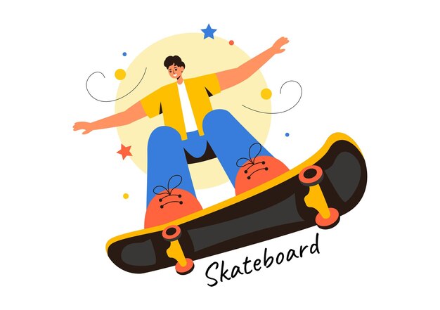 Vector skateboard illustration with skateboarders jumping on a springboard in a skatepark in extreme sports