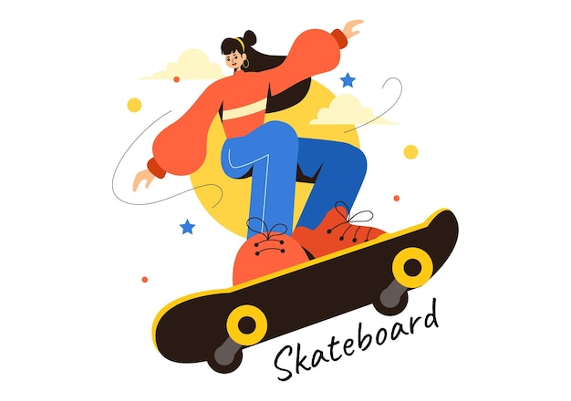 Vector skateboard illustration with skateboarders jumping on a springboard in a skatepark in extreme sports