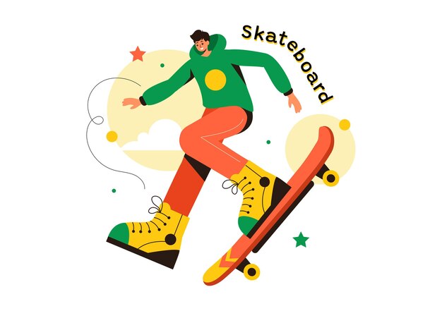 Vector skateboard illustration with skateboarders jumping on a springboard in a skatepark in extreme sports