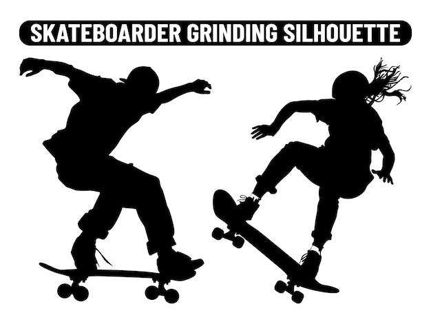 Skateboarder grinding silhouette Black silhouettes of skateboarders on a white background