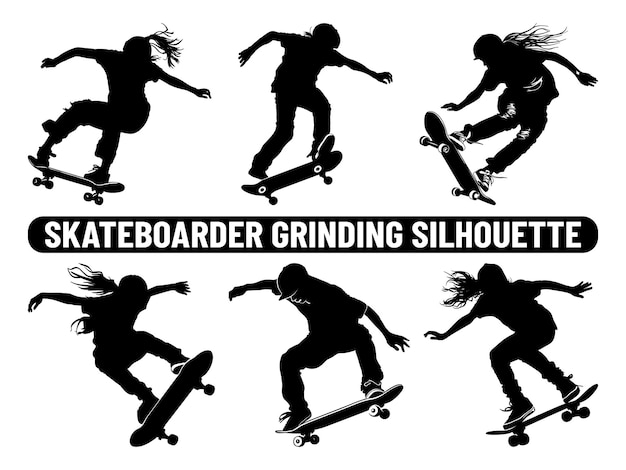 Skateboarder grinding silhouette Black silhouettes of skateboarders on a white background