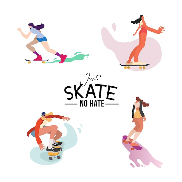 skateboarders girls character illustration set