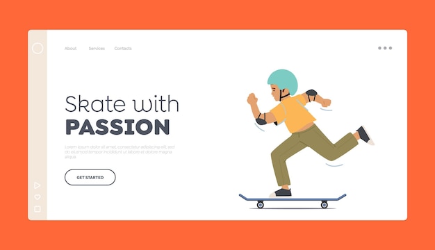 Skateboarding Extreme Sport Landing Page Template Youth Urban Culture Children Activity on Street Boy in Skate Park